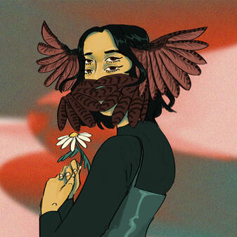 profile picture of illustrated girl with two sets of eyes and wings holding a daisy